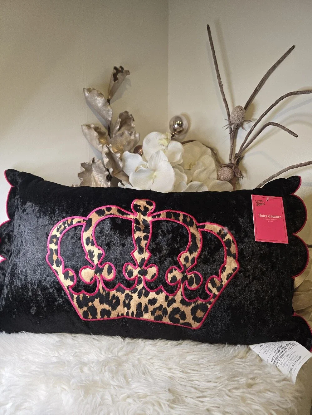 Juicy Couture  Velour hot pink Accent Decor Pillow Approximately 21” x 11” x 7”